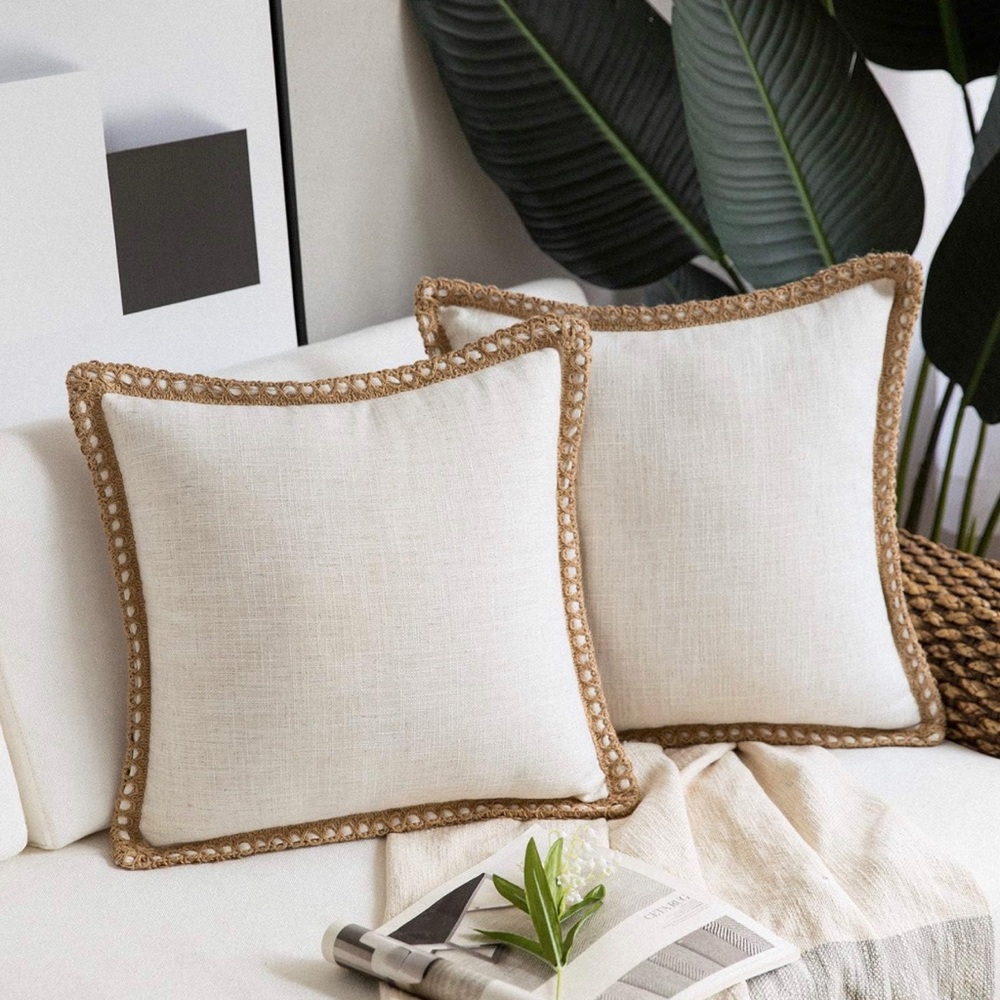 Set of 2 Cream Linen Throw Pillowcase 22x22 with Brown Crochet Braid Boho Square